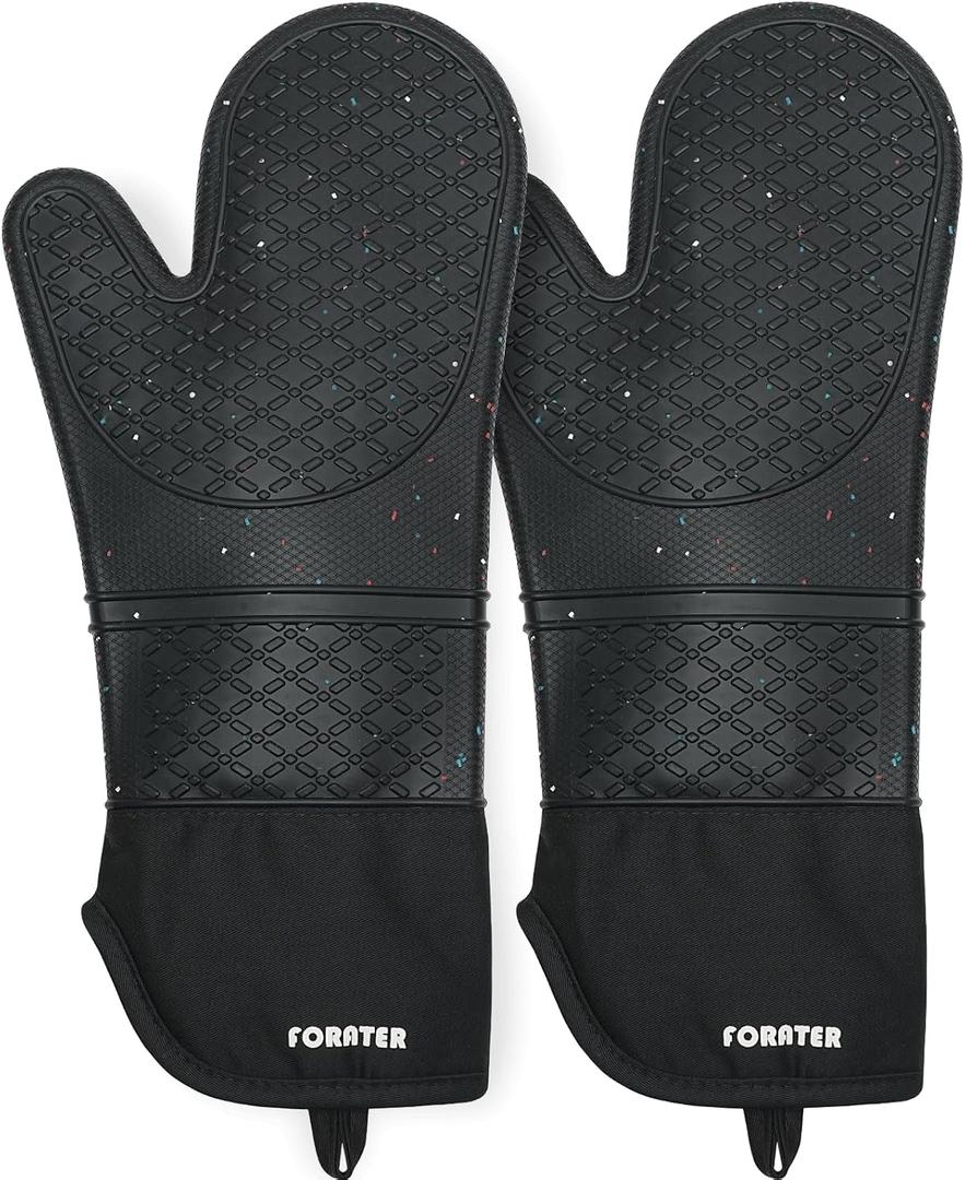 Extra Long Silicone Oven Mitts - Heat Resistant up to 500F, 15'' Waterproof and Non-Slip Oven Gloves with Soft Quilted Liner - Perfect for BBQ, Cooking, Baking, and Grilling - 1 Pair, Black