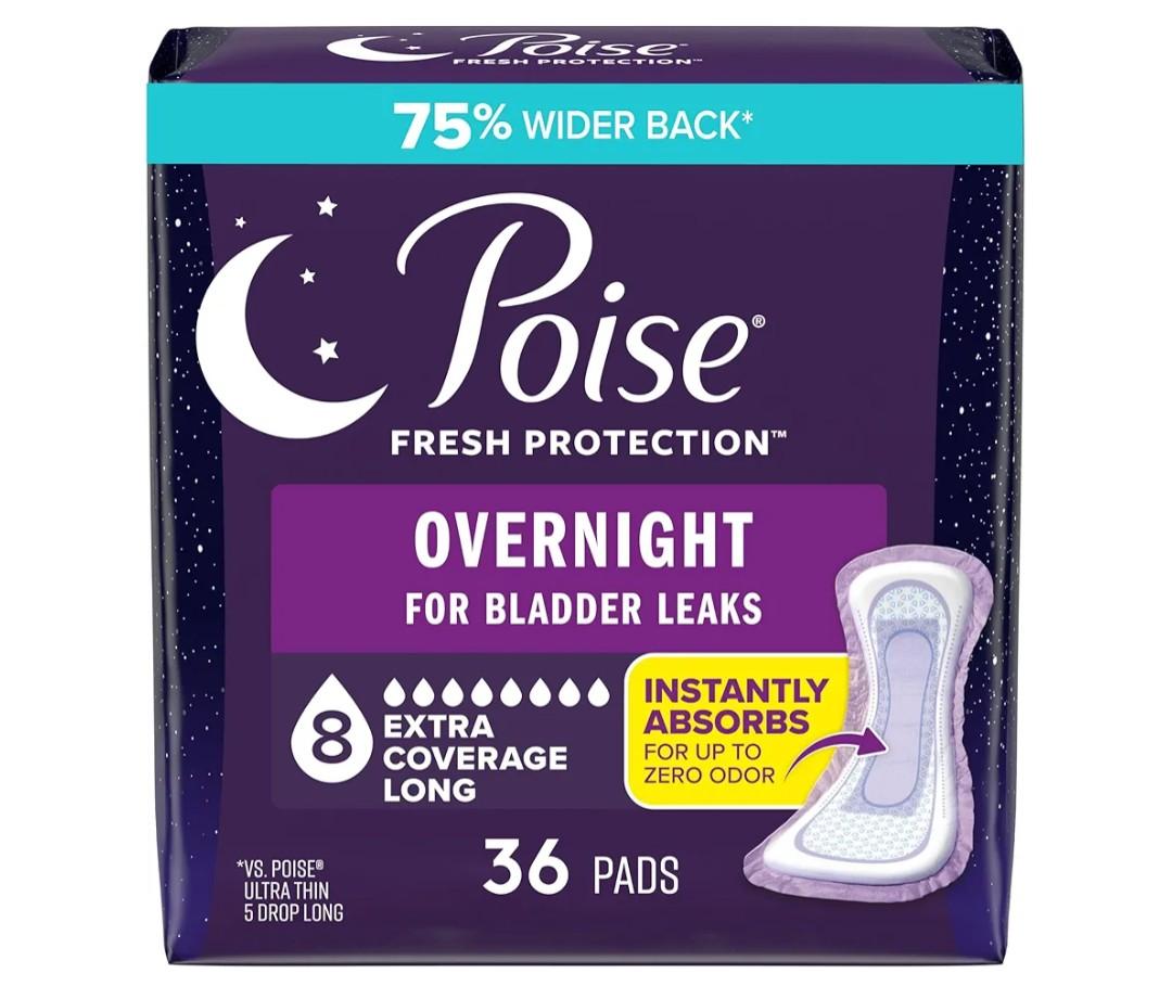 Poise Overnight Incontinence & Postpartum Pads for Bladder Leaks, 8 Drop Extra Coverage, 36 Count