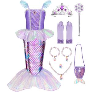 Meland Mermaid Dress - Little Mermaid Costume with Bag for Girls 3-10, Princess Dress Up for Birthday Gift, Halloween Costume (5-6 Years)