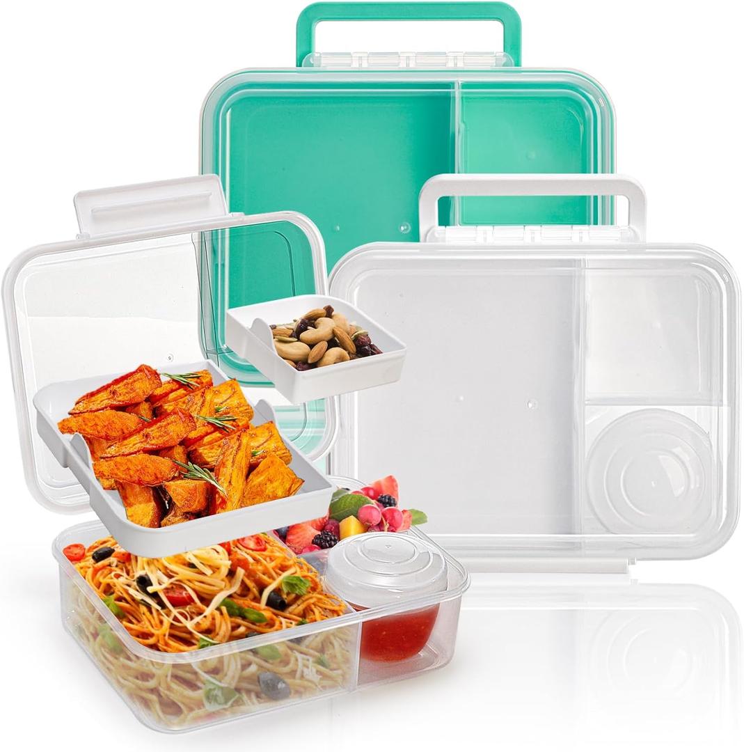 2 Pack Bento Box with Handle, 56Oz Leak-proof Lunch Container for Kids, 3 Compartments Salad Dressing Box with Sauce Cup, Meal Prep Container with 2 Removable Tray, Microwave&Dishwasher Safe