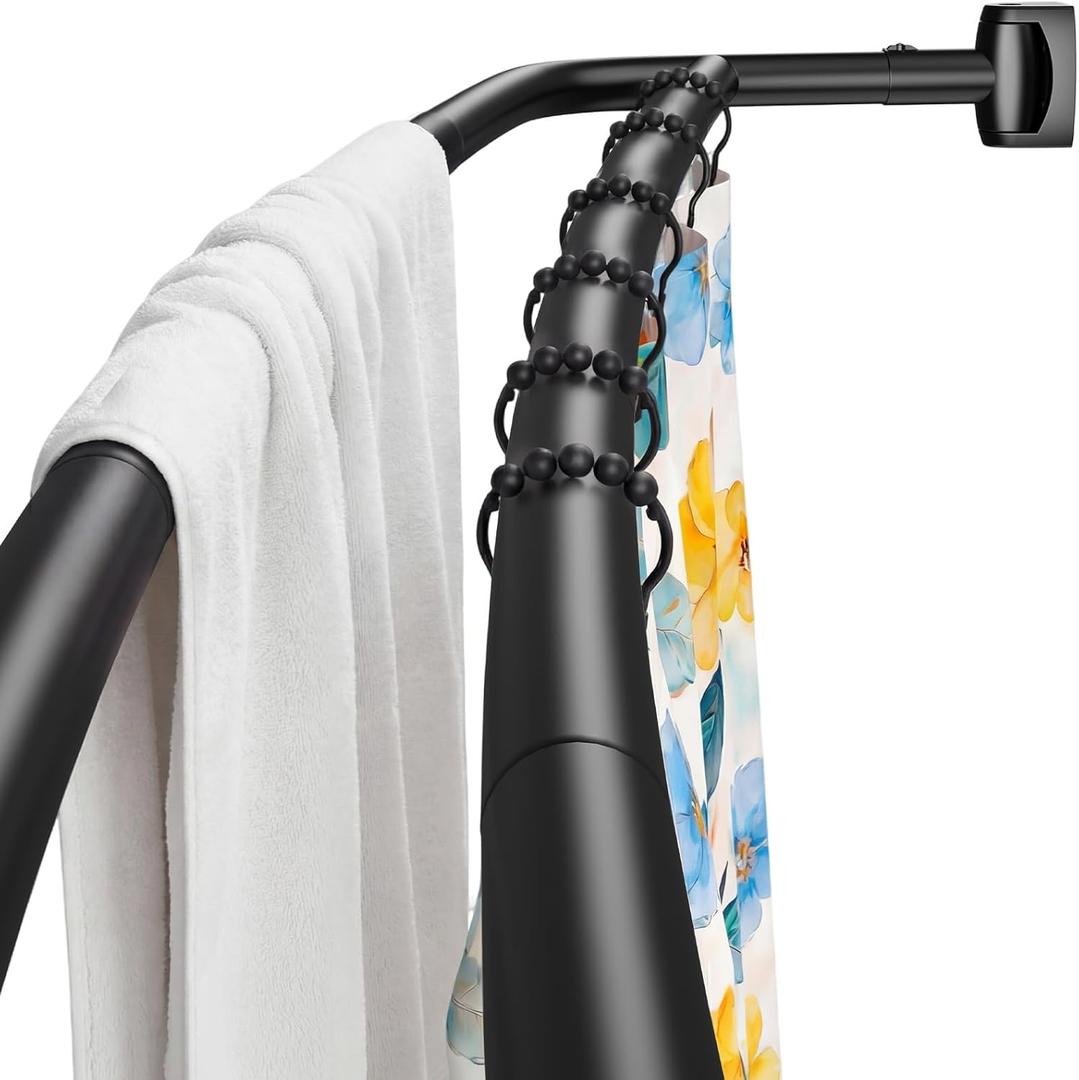 Double Curved Shower Curtain Rod, Matte Black Adjustable 35-75 Inches, Stainless Steel Double Shower Curtain Rods for Bathroom, Laundry Room, Bathtub and moreNo Rust, Need to Drill