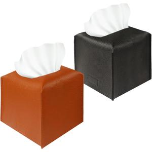 2 Pack Tissue Box Cover, 5X5X5'' PU Leather Tissue Box Holder Square, Tissue Boxes Organizer Decorative for Bathroom, Kitchen, Home Office Decor (Black, Beige)