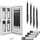 MozArt Mechanical Pencil Set with Case - 4 Sizes: 0.3, 0.5, 0.7 & 0.9mm with 30 HB Lead Refills Each & 4 Eraser Refills -Sketch, Drafting, Art, Drawing Supplies (Black)