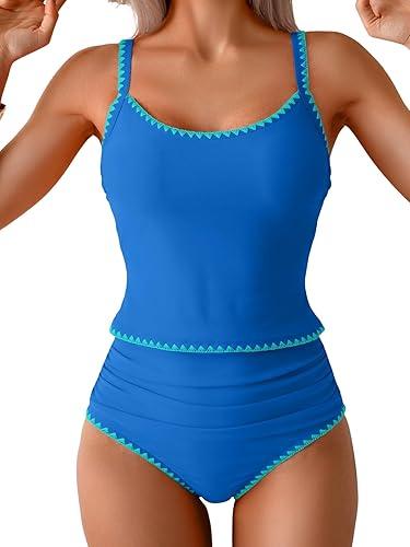 Eomenie Tankini Swimsuit for Women Tummy Control Ruched Two Piece Bathing Suits High Waisted Shell Stitch Swimwear (X-Large, Blue)