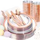 YOUBET 175PCS Rose Gold Plastic Plates - Clear Plastic Plates Disposable with Rose Gold Rim includes 50 Rose gold plates, 25Forks, 25Knives, 25Spoons, 25Cups, 25Napkins for Party & Wedding