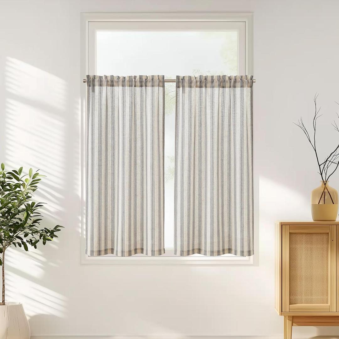 jinchan Linen Striped Cafe Curtains 45 Inch Stripe Small Window Curtains Balanced Stripe Light Filtering for Bathroom Living Room Laundry 2 Panels Black on Beige, Size: 26"W x 45"L (Pack of 2)