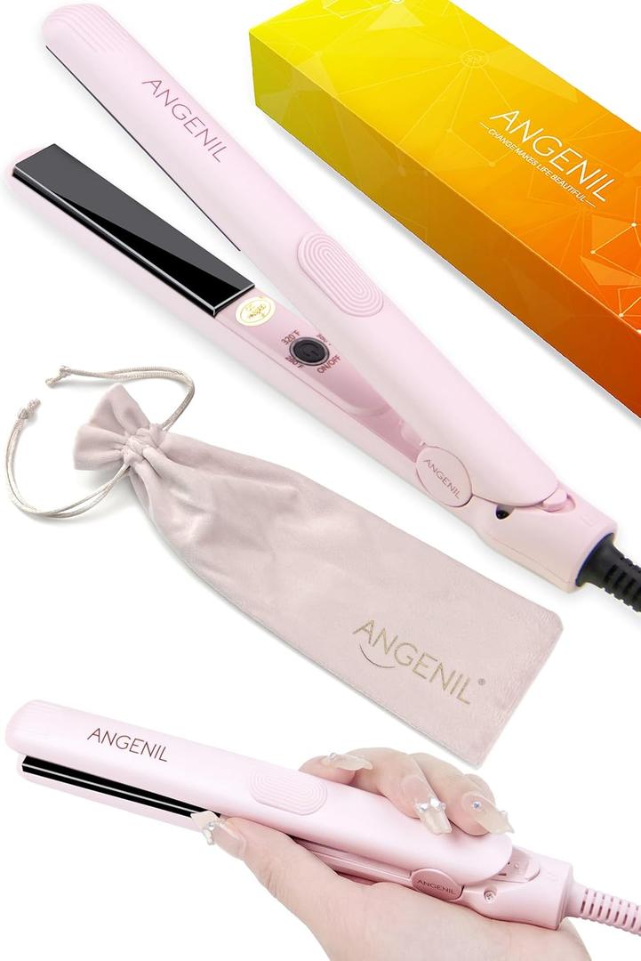 ANGENIL Pro Mini Flat Iron for Short Edges, Travel Hair Straightener and Curler 2 in 1, Small Dual Voltage Hair Straightening Ceramic Flat Iron 0.7-inch, Front Bangs, 3 Temp (280- 320 -380)