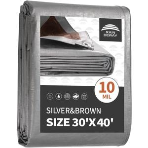RAINDEWAY Tarps Heavy Duty Waterproof 30x40 Feet, 10 Mil Thick Multipurpose UV Resistance Large Tarp Cover with Metal Grommets and Reinforced Edges, Silver/Brown Tarp