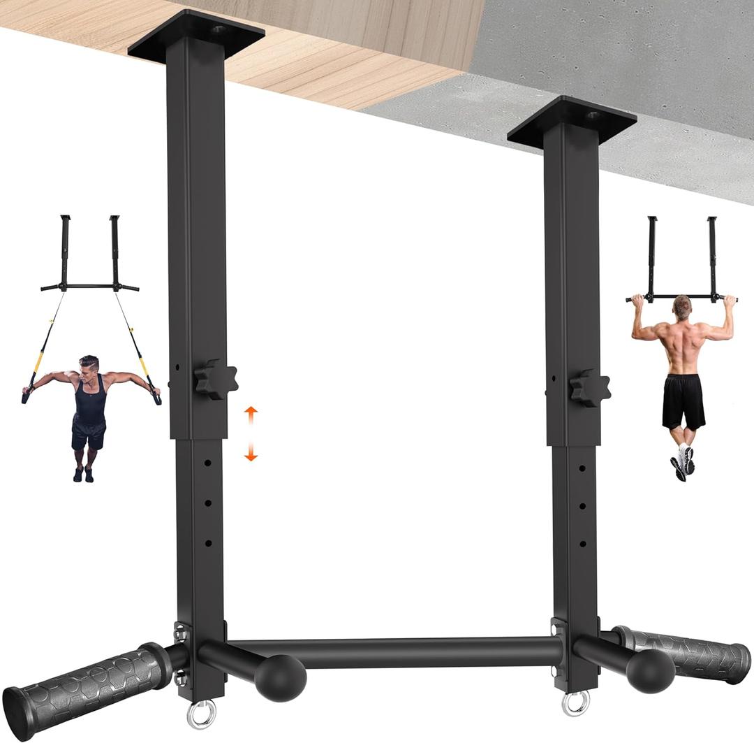 Upgraded-24" Ceiling Mount Pull Up Bar for Garage/Basement/Rafter - Heavy Duty 800LBS Adjustable Height Multi-Grip Chin Up Bar, Ceiling Joist/Beam