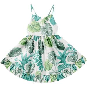Toddler Vintage Floral Girls Dress Baby Backless Sundress Sleeveless Matching Outfits 5-6Y (7-8 Years, Green-leaves)