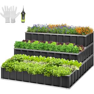 VIVOSUN 3-Tier Metal Raised Garden Bed, 46" x 46" x 24" Galvanized Steel Metal Outdoor Planter Box with Gloves and Scissors to Grow Flowers, Vegetables and Herbs for Outdoor Gardening, Dark Gray