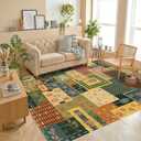 Flowers Patchwork Area Rugs for Living Room,Washable 5x7 Vintage Cottagecore Botanical Rug, Green Boho Carpet, Non-Slip Low Pile Rug for Bedroom Dining Room Office Home Hardwood Floor