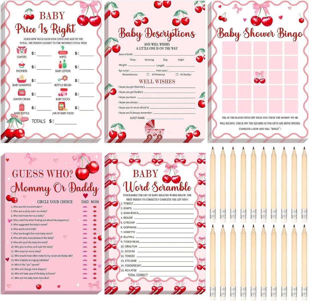 Meooeck 145 Pieces Baby Shower 5 Games Set Baby Shower Games Activities with 20 Pencils for Girls Boys Include Descriptions, Wishes, Guess Who, Bingo Activities (Cherry)