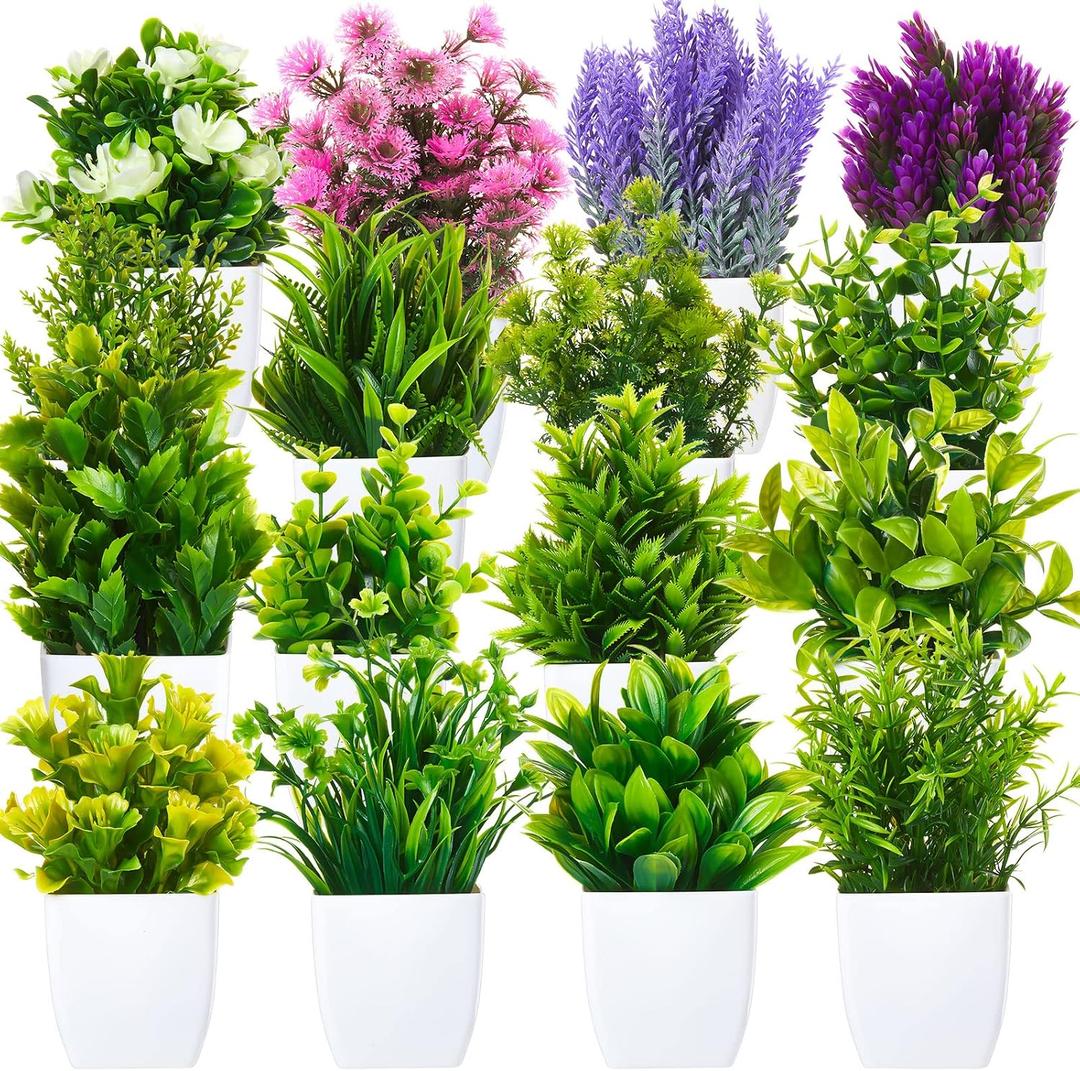 Mimorou 16 Pcs Small Fake Plants Mini Artificial Potted Plants Faux Pot Flowers Indoor Plastic Eucalyptus Greenery for Home Bathroom Living Room Office Decor