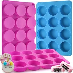 Sakolla 3 Pcs Round Chocolate Cookie Molds, 12-Cavity Cylinder Silicone Molds for Chocolate Covered Oreos, Cake, Candy, Pudding, Mini Soap (2 Rose Red+1 Blue)