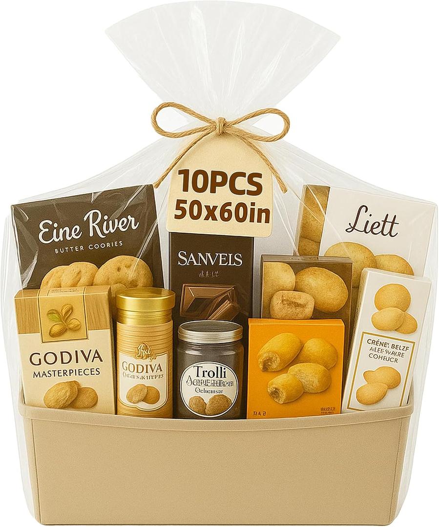 WIKDAY Extra Large Cellophane Wrap for Gift Baskets 10 PCS 50x60 Inches Jumbo Bif Clear Cello Gift Bags with Ties Plastic Packaging Products