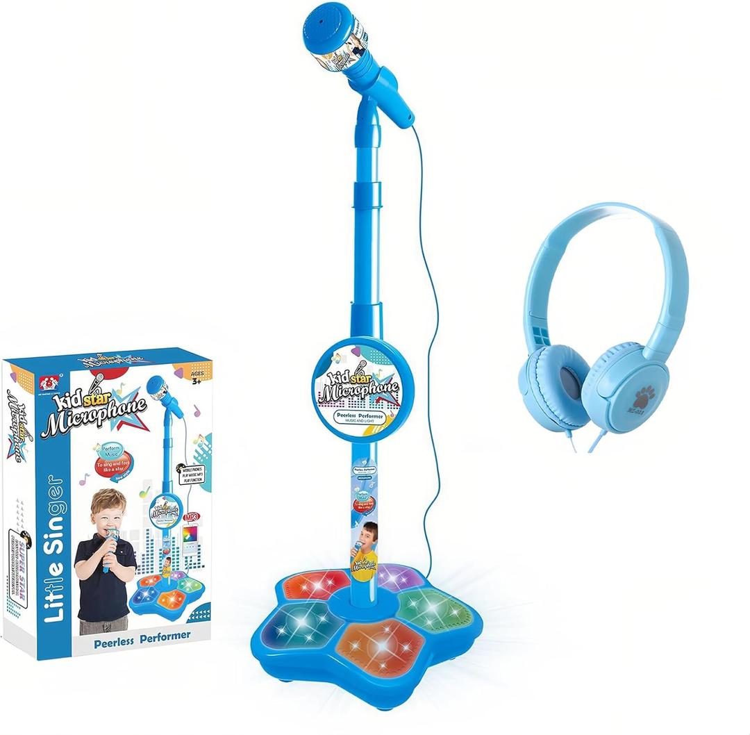Kids Karaoke Microphone with Adjustable Stand,Standing Mic for Portable Singing, Retractable Headset for Music Sing-along,Flashing Stage Light Base for Aged 3-6 Boys Girls Blue