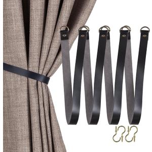 Home Queen Black Leather Curtain Tie Backs, Outdoor Drape Holder Holdbacks Tiebacks with Wall Hooks, 4 Pack