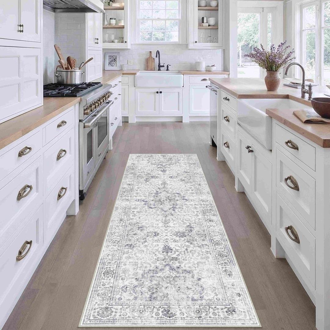 HUGEAR Washable Hallway 2x6 Runner Rugs Retro Grey Vintage Distressed Non Slip Stain Resistant Low Pile Neutral Throw Carpet for Bedside Kitchen Entryway Home Decor