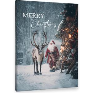 PHAMTE Merry Christmas Santa Reindeer Wall Art Decor Canvas 11x14, Winter Snowy Xmas Pictures Decorations, Cozy Rustic Farmhouse Holiday Framed Prints Artwork for Home Living Room Bedroom Decor