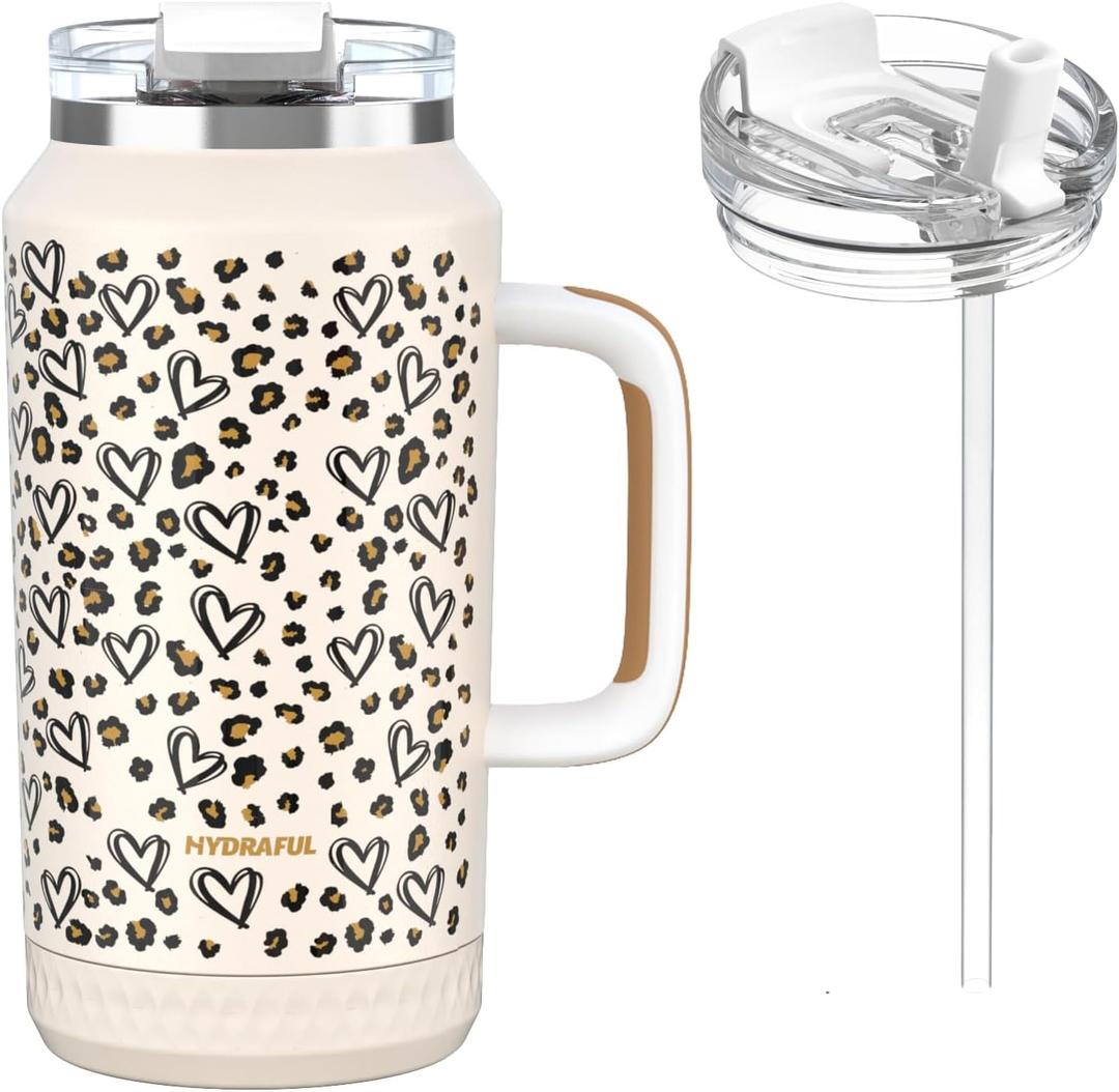 Hydraful 64 oz Tumbler with Handle and Straw - 100% Leak-Proof - Insulated Cup Reusable Stainless Steel Large Water Bottle Travel Mug for Gym, Hiking, and Camping - Gifts for Women Men Him Her (Leopard heart print)