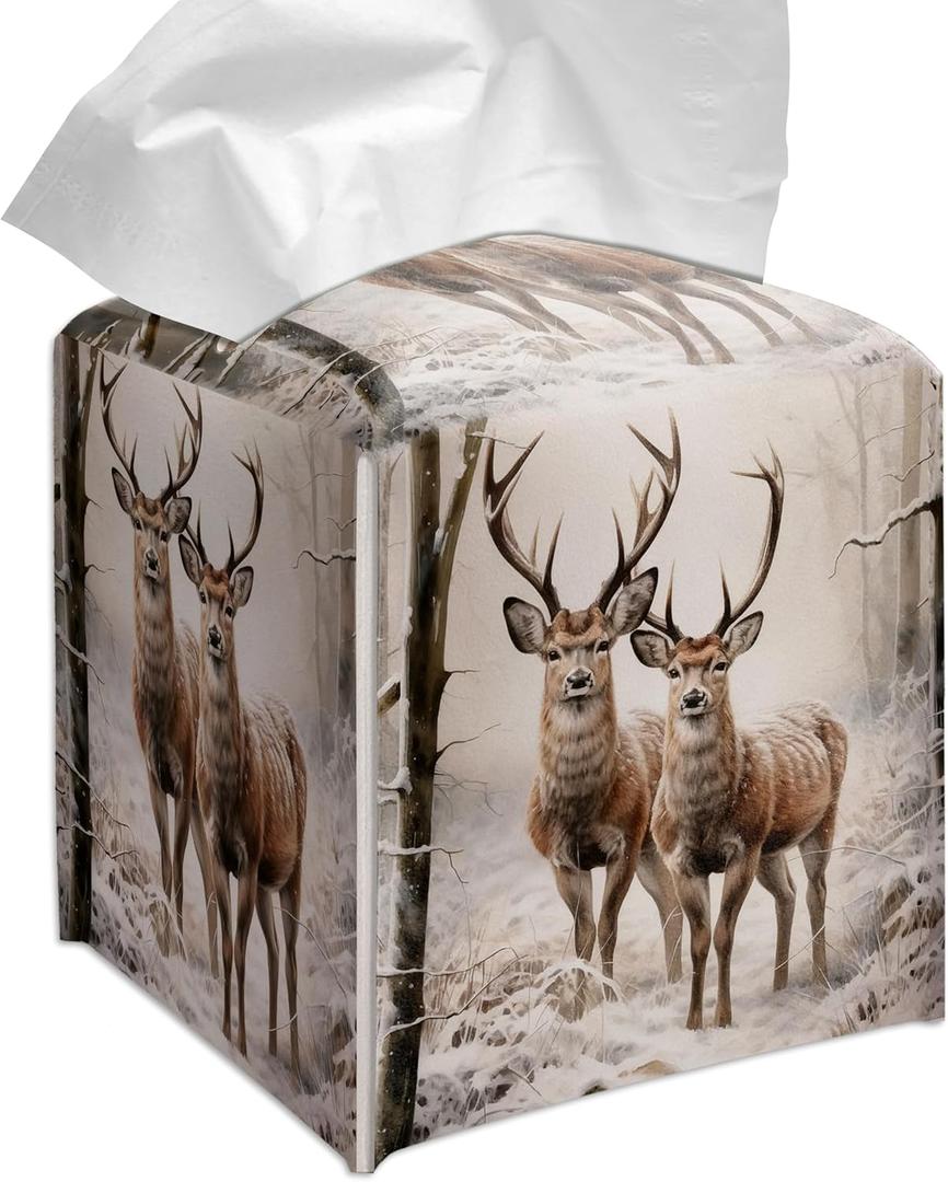 Grace Yonks Winter Tissue Box Cover Square, Two Deer in Snow Forest Design Cube Case for Facial Tissues, 5.2" PU Leather. (102)