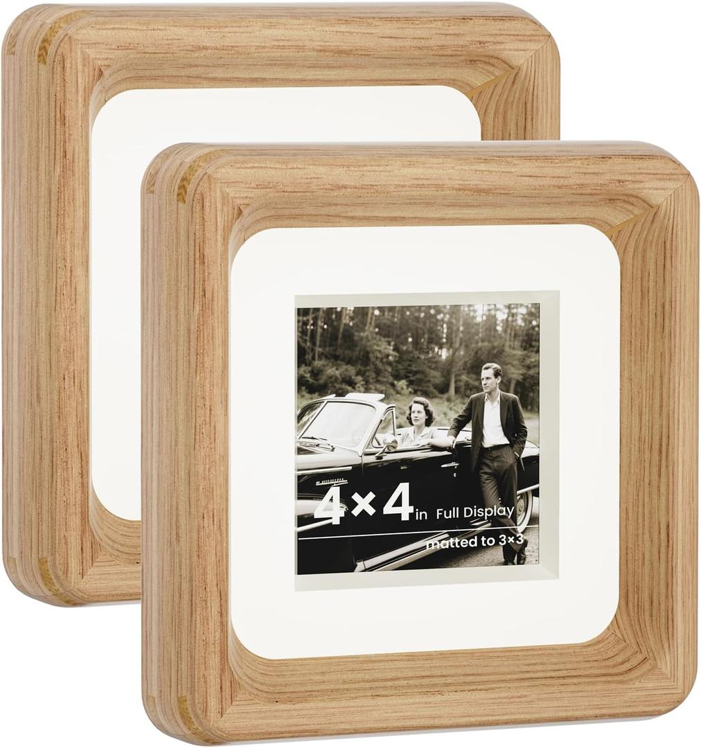 HELPLEX 4x4 Matted to 3x3 Square Picture Frame Set of 2 - Natural Oak Wood with HD Tempered Glass, Convertible Design for Wall or Tabletop Display - Art Gallery & Luxury Home Office Decor