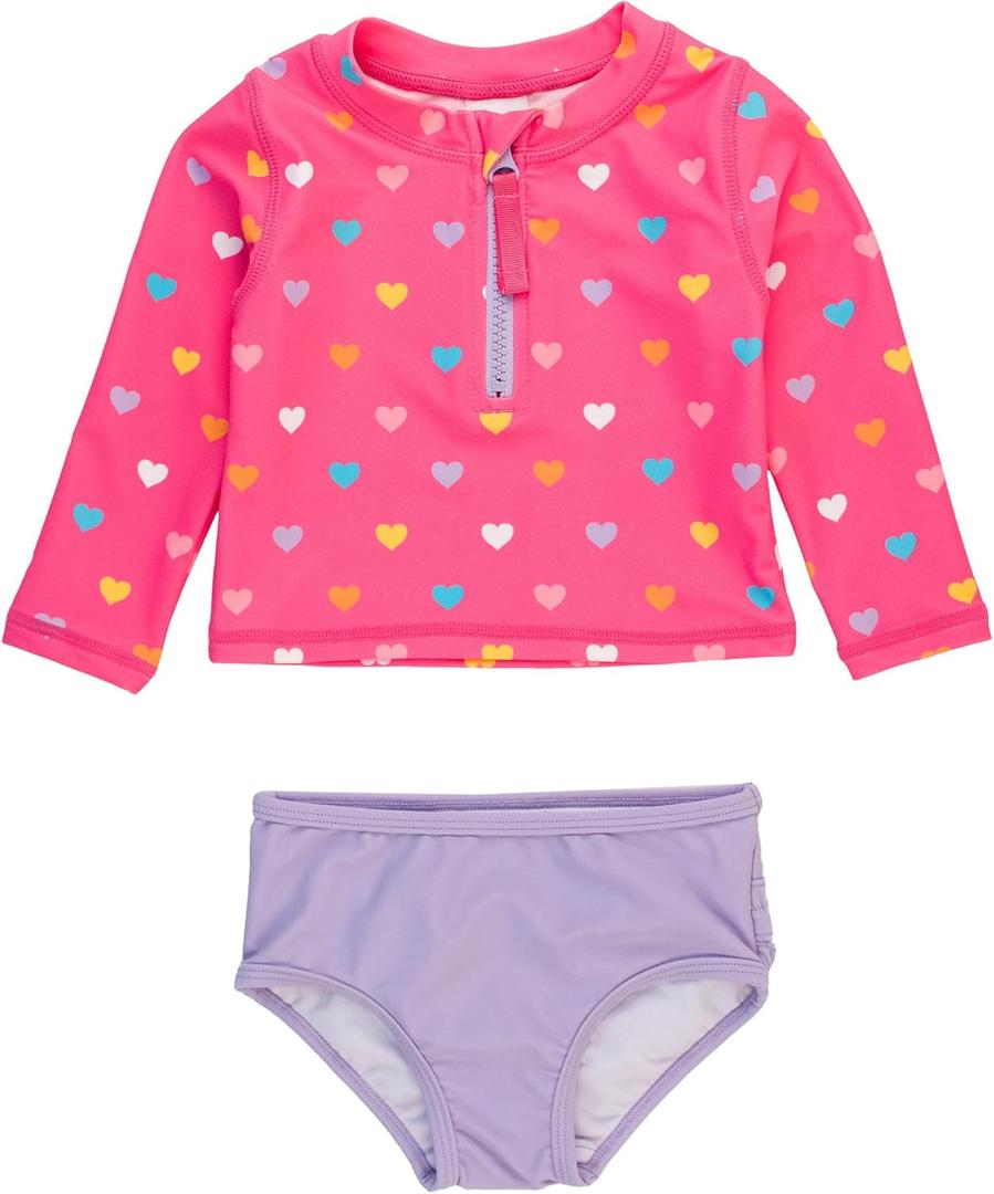RuffleButts Baby/Toddler Girls Long Sleeve Rash Guard 2 Piece Swimsuit Set w/UPF 50+ Sun Protection with Zipper (8 Years, Colorful Hearts)