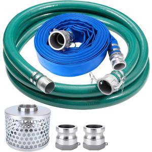 1 1/2 Inch Suction Hose Pump Kit for Water/Trash Pump Includes 1.5" X 65ft Blue Discharge Hose & 1.5" X 20ft Green Pvc Suction Hose & Aluminum Round Hole Suction Strainer, Cam And Groove Adapter
