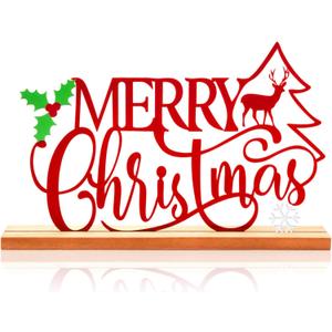 Metal Merry Christmas Table Sign Xmas Tabletop Centerpiece with Wooden Base Freestanding Rustic Tiered Tray Decor for Home Mantel Shelf Fireplace Decoration (Red)