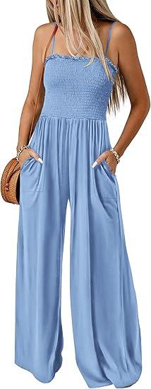 PRETTYGARDEN Women's Summer Jumpsuits, Dressy Casual One Piece Outfits Linen, Smocked, Spaghetti Strap, Pockets, Wide Leg Rompers, S