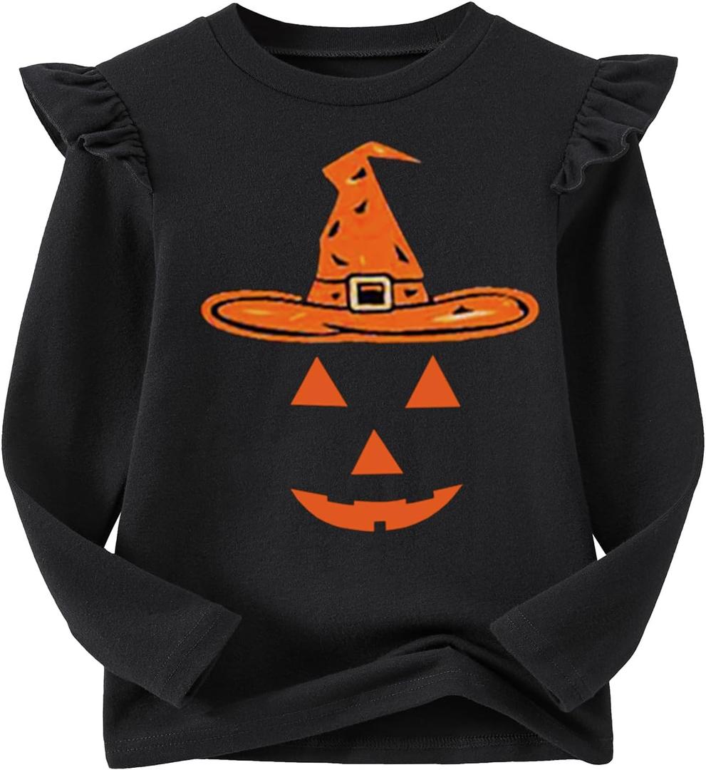 Niyage Girls Cotton Long Sleeve T-Shirt Toddler Comfort Soft Thick Basic Crewneck Tee Tops with Ruffles Trim (6 Years, Pumpkin Hat Black)