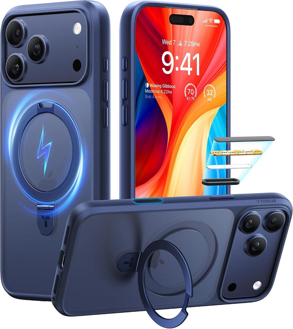 TORRAS Magnetic Ostand for iPhone 17 Pro Max Case, [Military Grade Protection] [Fit for MagSafe] [Built in Kickstand] [Camera Control Button] Translucent Slim Back Soft Edge, Deep Blue