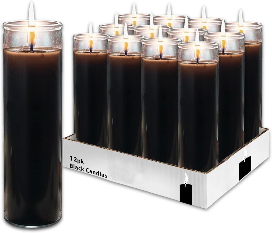 Black Prayer Glass Candle Set - 12 Pack Slightly Scented Black Prayer Candles for Vigils, Prayers, Cemetery, Blessing Ceremonies Plus More | Bulk 8" Candle Kit