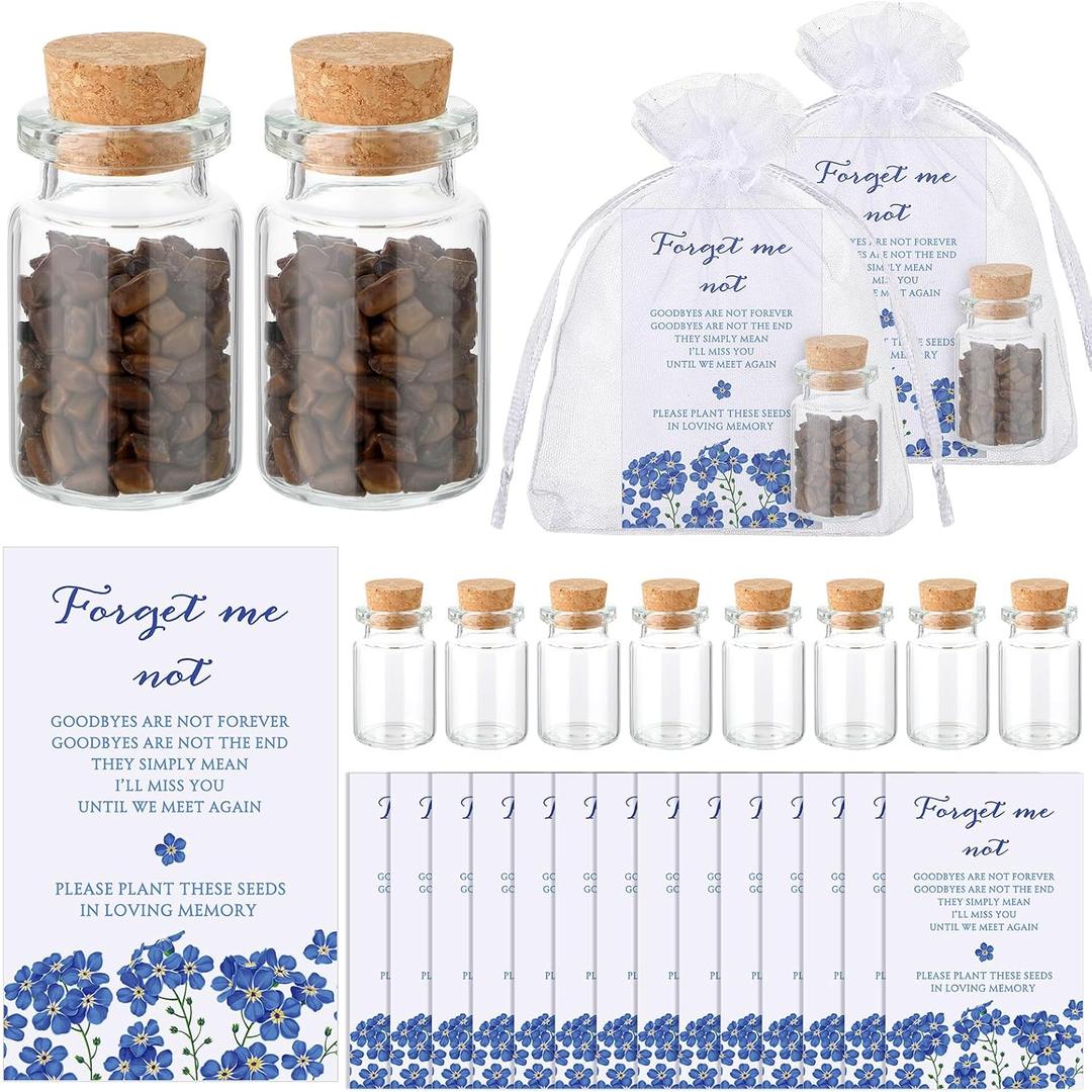 Tanlade 100 Set Funeral Favors Include Funeral Prayer Cards Celebration of Life Memorial Card Memorial Seeds Glass Bottles with Cork Stopper Organza Bags for Loss of Loved One, No Seed (Forget Me Not)
