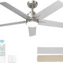 52 Inch Nickel Ceiling Fan with Light and Remote Control,Dimmable 3 Color Temperatures LED Ceiling Fan,6 Speeds Reversible DC Motor,5 Blades Modern Ceiling Fans for Indoor or Covered Outdoor