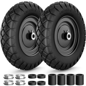 4.80/4.00-8 Flat Free Wheelbarrow Tire and Wheel, 16" Solid Puncture Proof Replacement Tires with 5/8" & 3/4" Bearings, 400Lbs Load, Universal Fit for Garden, Farm & Construction, 2Pack Black