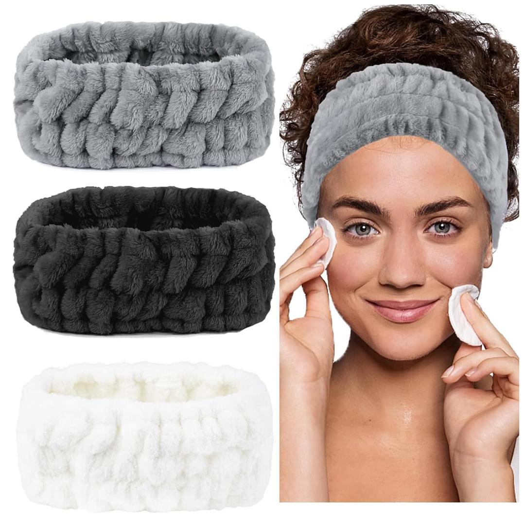 LAPOHI 3 Pack Modern Microfiber Facial Headbands for Washing Face, Makeup & Spa - Skincare & Towel Headbands for Women & Girls (White,Black,Grey)