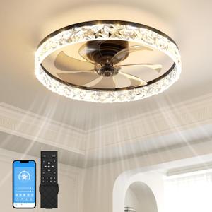 VOLISUN Low Profile Ceiling Fan with Lights and Remote, 20in Modern Ceiling Fans Flush Mount, 3000K-6500K Dimmable Bladeless LED Fan Light, Black Fandelier Ceiling Fans with Lights for Bedroom