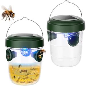 Wasp Traps Outdoor Hanging 2 Packs, Solar Powered Carpenter Bee Trap Yellow Jacket Hornet Catcher with LED Light, Reusable Wasp Deterrent Outdoor for Garden, Patio, Backyard, Camping