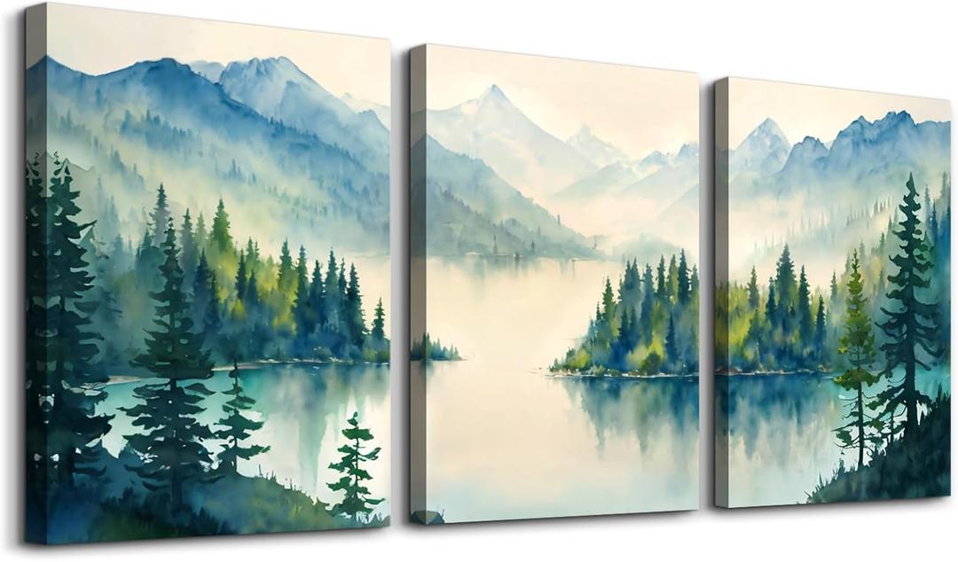 SERIMINO Nature Landscape Wall Art for Living Room, Green Forest Mountain Canvas Prints Paintings Room Decor, Lake Tree Cottagecore Modern Farmhouse Wall Decor Set of 3, 16"X24"