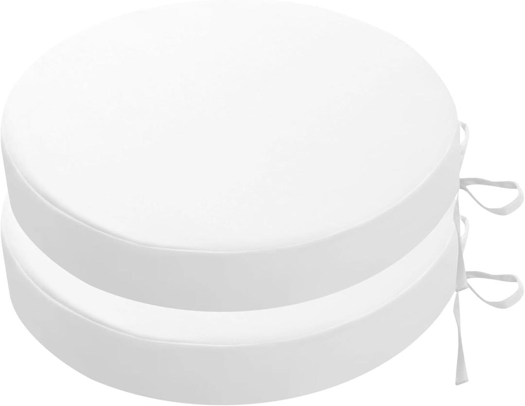 SK Studio Round Outdoor Chair Cushions for Patio Furniture, Set of 2 Waterproof Patio Chair Cushion with Adjustable Ties for Garden Sofa Couch, White, 16"x16"x2"