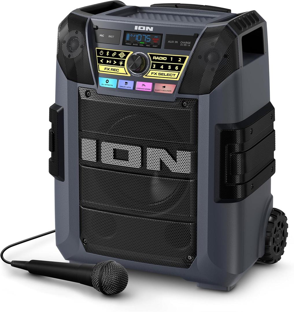 ION Block Rocker XL - Portable Bluetooth Outdoor Party Speaker, 220W, with Karaoke Microphone, Battery, 5 Speakers, Lights, Radio, USB Charging & App
