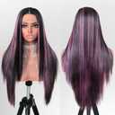 Black and Pink Highlight Wig Lace Front Wigs Pre Plucked with Baby Hair Glueless Wig 26 Inch Long Straight for Women Pink Color Forehead Synthetic 1341 Lace Front Wig