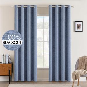 MIULEE Linen Texture Curtains for Bedroom Solid 100% Blackout Thermal Insulated Stone Blue Curtains Grommet Room Darkening Drapes Luxury Decor for Living Room Nursery 52x84 Inch (2 Panels)