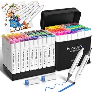 Alcohol Markers Set 60 Colors, Dual Tips Coloring Art Markers Set with Case & Holders, Chisel & Fine Artist Sketch Pens Art Supplies for Adult Coloring Books, Drawing, Painting, Sketching