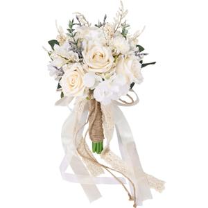 CEWOR Wedding Bouquets for Bride Bridesmaid, White Champagne Artificial Roses Flowers Wedding Decoration (7.5in)