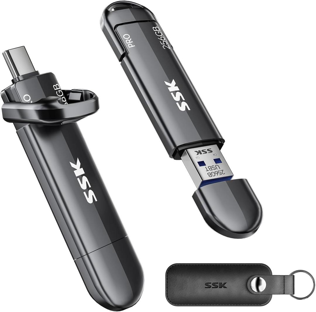 SSK USB Flash Drive 256GB SSD External, TLC NAND Solid State Drive Dual USBC USBA Port, Up to 1000MB/s High-Speed Portable 256GB USB Thumb Drive Stick for iPhone 15/16/17 Pro, Mac, Android, PC Backup