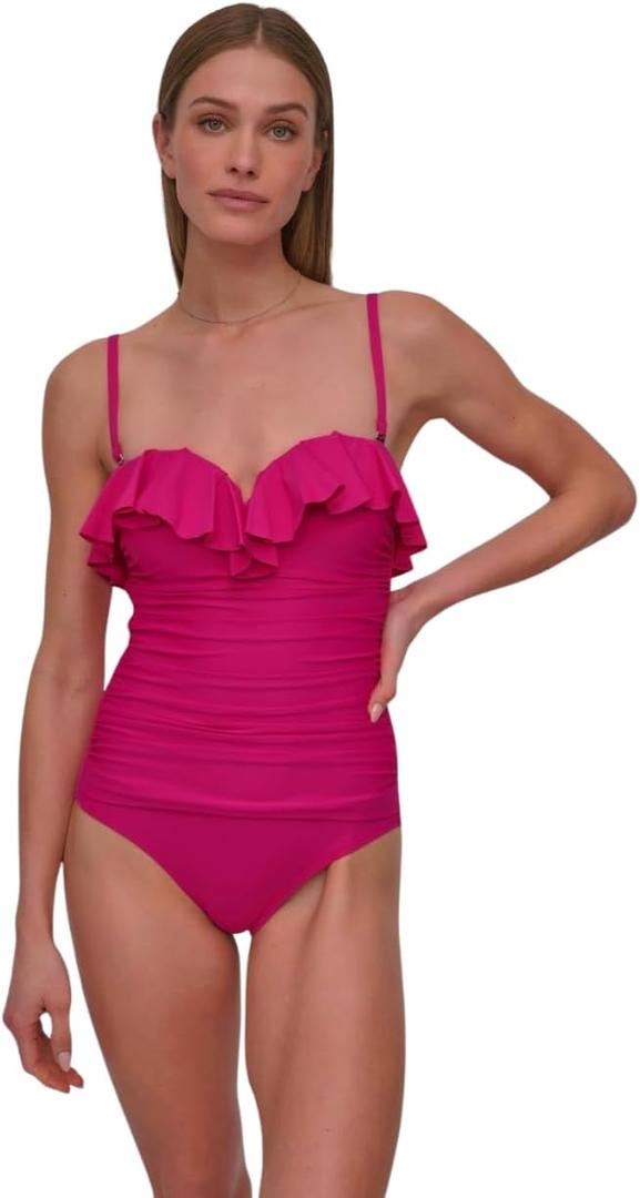 DKNY Womens Pin-up Ruffle Bandeau One Piece Swimsuit with Tummy Control (Purple, S)