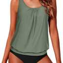 Yonique Two Piece Blouson Tankini Swimsuits for Women Modest Bathing Suits Loose Fit Swimwear (20 Plus, Army Green)